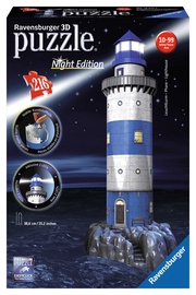 3D dėlionė Lighthouse - Night Edition 12577, 18.5 cm x 20.5 cm, 216 vnt., mėlyna/balta Ravensburger dėlionė