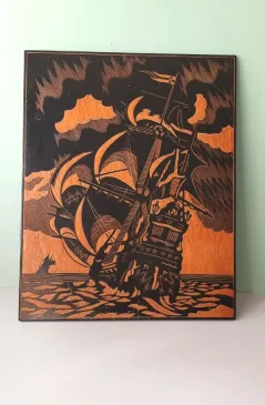 Vintažinis paveikslas, graviūra ant medžio, 40,5x50,5cm