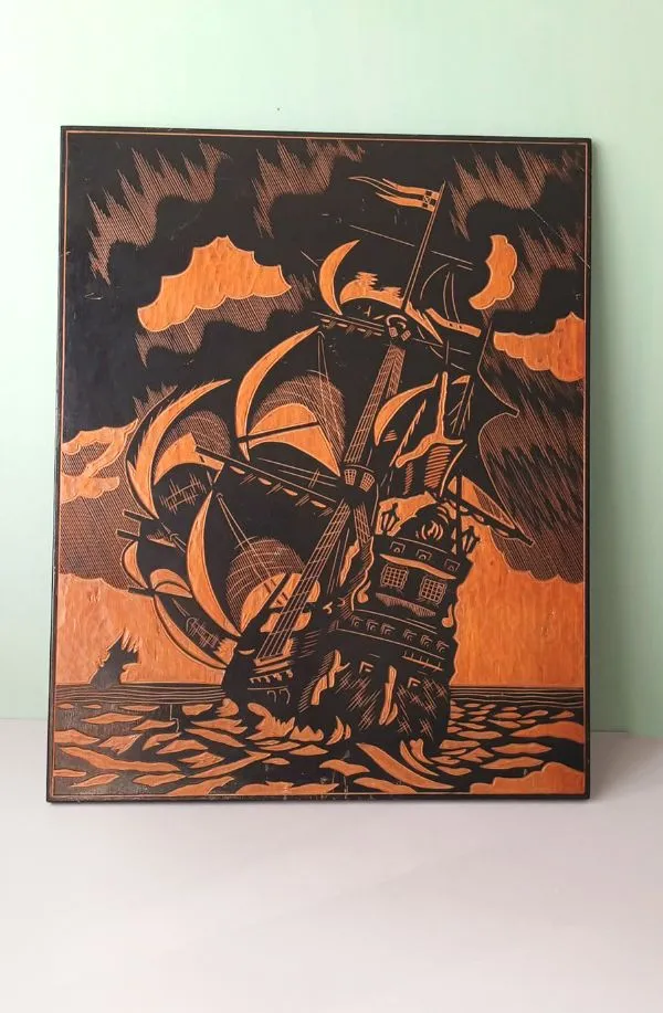 Vintažinis paveikslas, graviūra ant medžio, 40,5x50,5cm